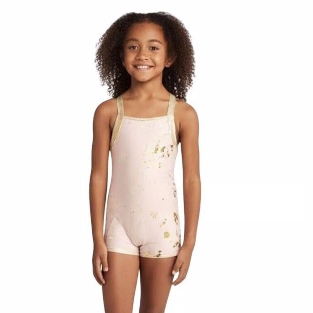 Justice Biketard Girls S (7/8)  Matching Scrunchie Gymnastics Gold Pink